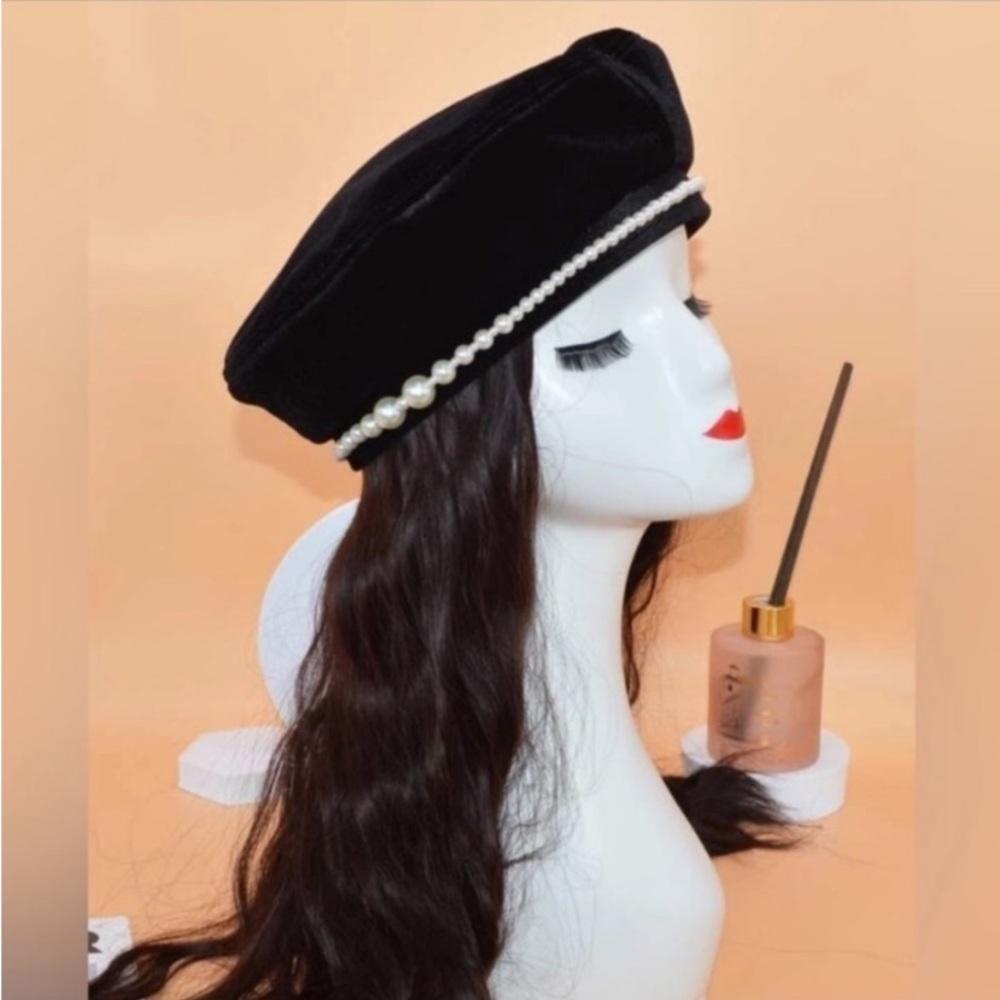 New Black Suede Pearl Decor Beret Hat